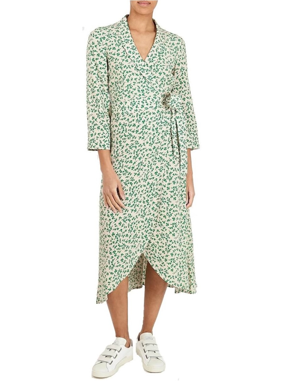 Ganni Cream Wrap Dress with Green Floral Print, Size 36